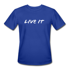 Load image into Gallery viewer, LIVE IT Men’s Moisture Wicking Performance T-Shirt (GRÜVN on back) White Logo (4 Colors) - royal blue