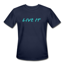 Load image into Gallery viewer, LIVE IT Men’s Moisture Wicking Performance T-Shirt (GRÜVN on back) Blue Logo (4 Colors) - navy