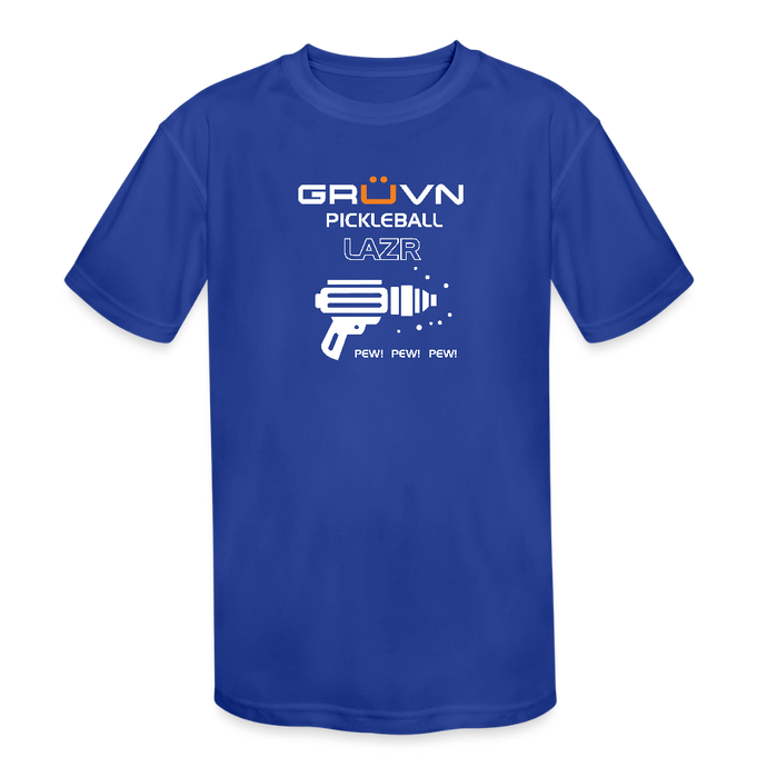 GRÜVN Kids' Moisture Wicking Performance T-Shirt - Space Ray Gun - White & Orange Logo (2 Colors) - royal blue