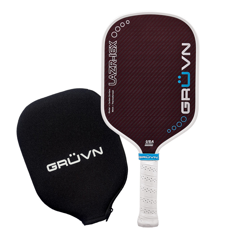 GRUVN LAZR-16X Laser Kevlar and Carbon surface pickleball paddle elongated thermoformed red blend