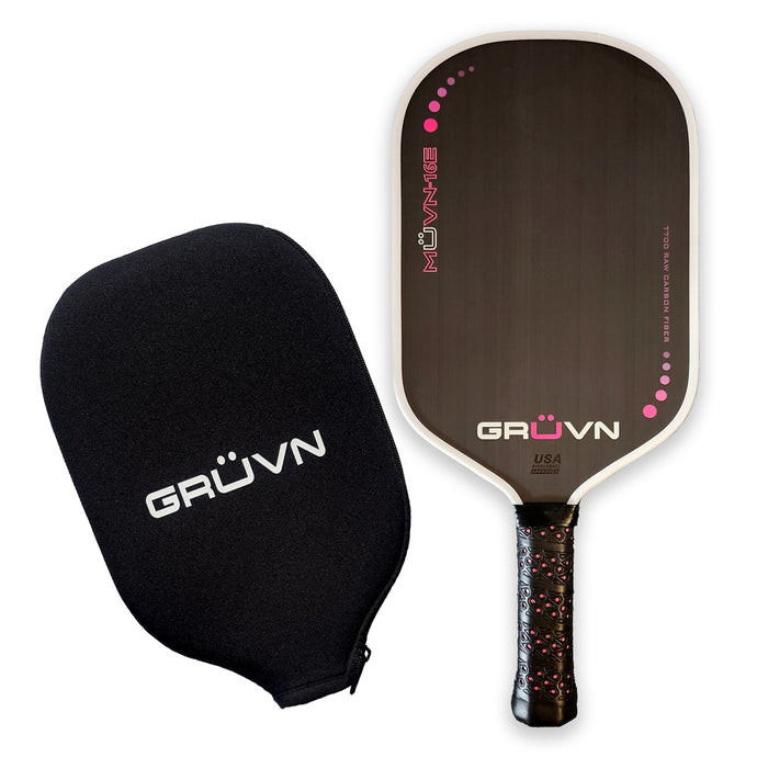 GRUVN MUVN-16E thermoformed pickleball paddle elongated 16mm short handle pink with white edge guard