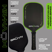 Load image into Gallery viewer, GRUVN MUVN-16H thermoformed pickleball paddle carbon fiber long handle green edge guard
