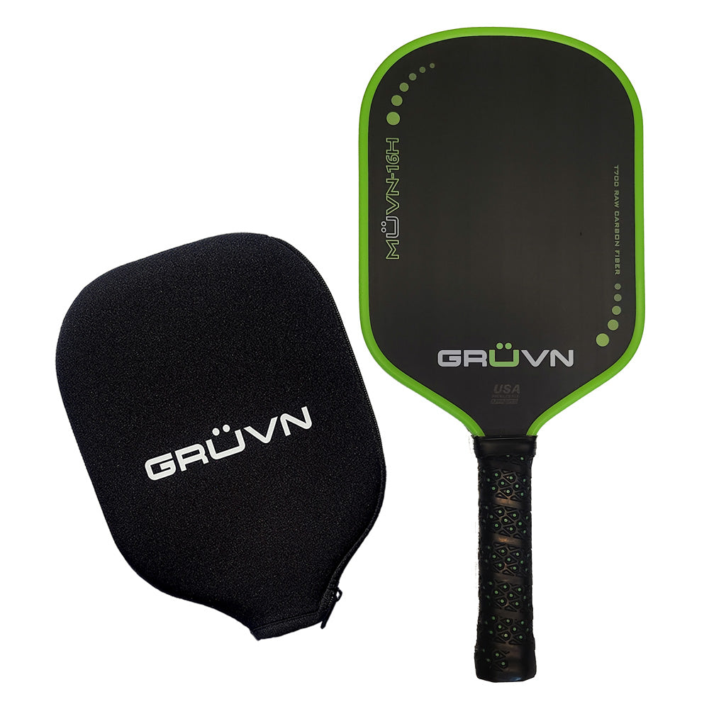 GRUVN MUVN-16H thermoformed pickleball paddle carbon fiber long handle green edge guard