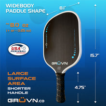 Load image into Gallery viewer, GRUVN MUVN-16V thermoformed wide body carbon fiber pickleball paddle with short handle blue
