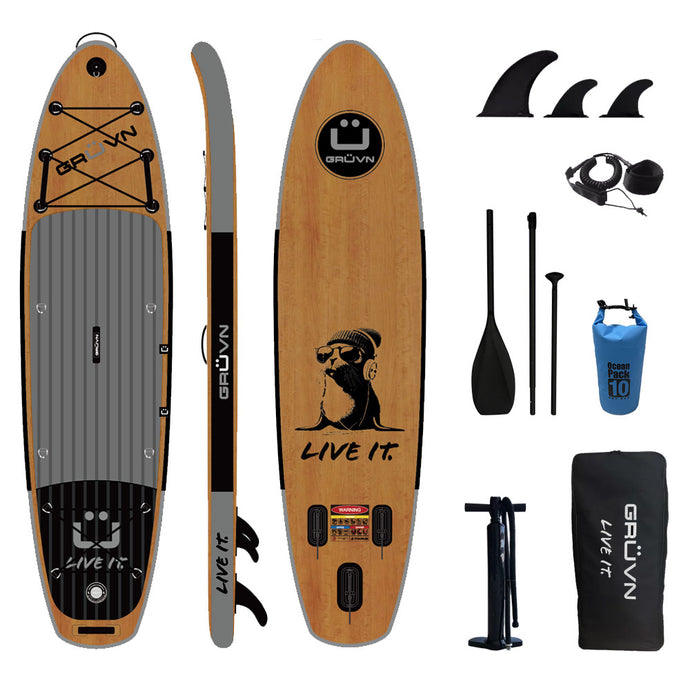 GRUVN SUP 11' All Around Inflatable Paddle Board Package Wood Design Round Nose  iSUP