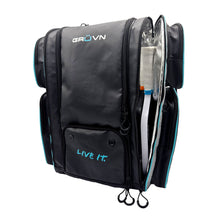 Load image into Gallery viewer, GRUVN Pro Tour Backpack Pickleball Bag Court Bag with fence hook and shoe compartment - Black Blue Teal and Silver
