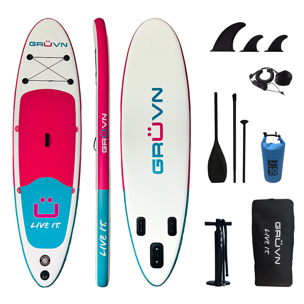 All Around Inflatable Paddle Board Package GRUVN 10'6 iSUP Pink Magenta Blue