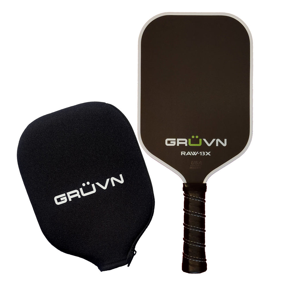 pickleball-paddle-raw-carbon-fiber-GRUVN-RAW-13X-stitched-grip-white-green-Straight-Ahead-w-Cover-1000