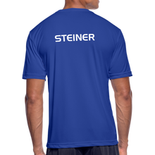 Load image into Gallery viewer, GRÜVN Men’s Moisture Wicking Performance T-Shirt - Steiner on back - Orange Smile (5 Colors) - royal blue
