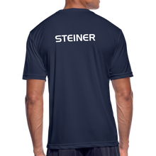 Load image into Gallery viewer, GRÜVN Men’s Moisture Wicking Performance T-Shirt - Steiner on back - Orange Smile (5 Colors) - navy
