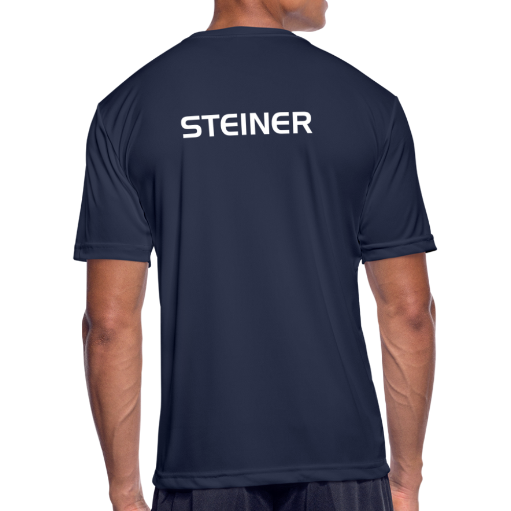 GRÜVN Men’s Moisture Wicking Performance T-Shirt - Steiner on back - Orange Smile (5 Colors) - navy