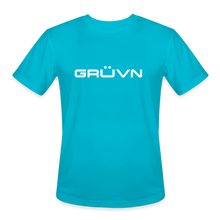 Load image into Gallery viewer, GRÜVN Men’s Moisture Wicking Performance T-Shirt - Steiner on back - White Logo (5 Colors) - turquoise
