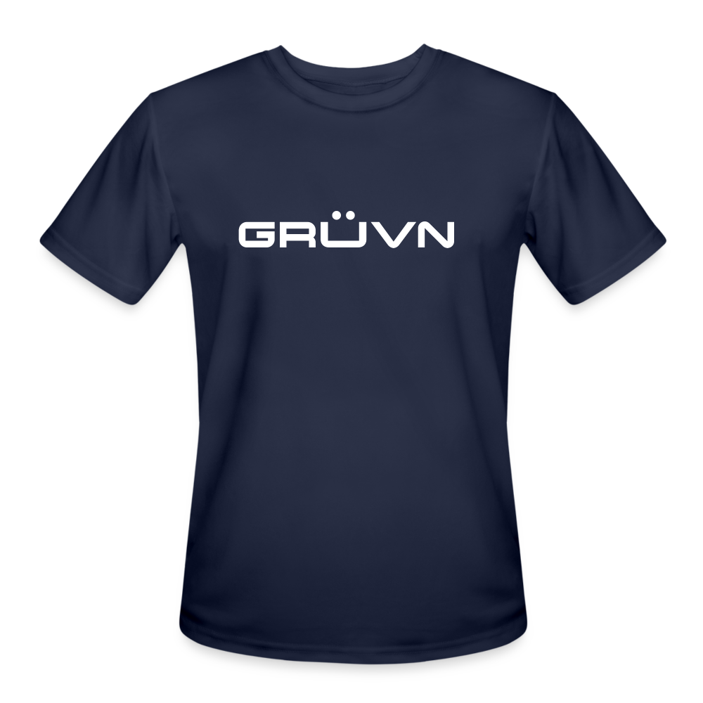 GRÜVN Men’s Moisture Wicking Performance T-Shirt - Steiner on back - White Logo (5 Colors) - navy