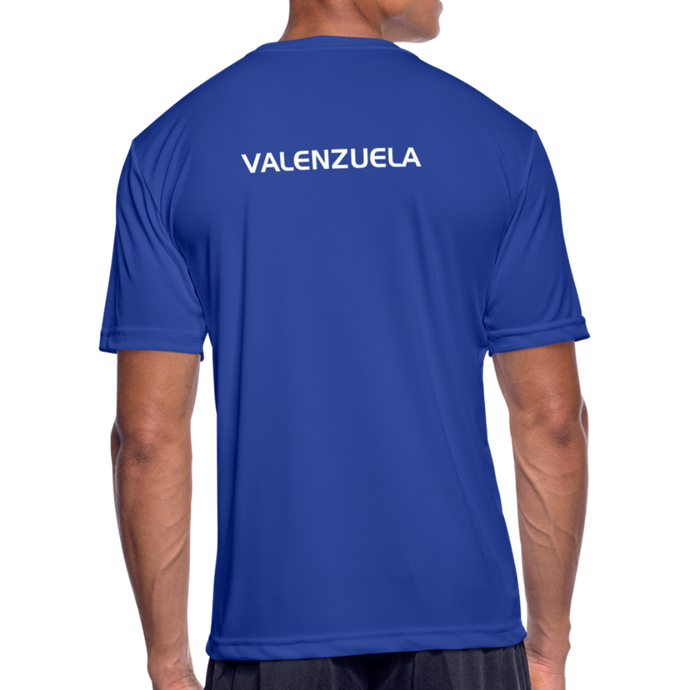 GRÜVN Men’s Moisture Wicking Performance T-Shirt - Valenzuelaon back - White GRUVN (5 Colors) - royal blue