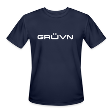 Load image into Gallery viewer, GRÜVN Men’s Moisture Wicking Performance T-Shirt - Valenzuelaon back - White GRUVN (5 Colors) - navy
