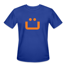 Load image into Gallery viewer, GRÜVN Men’s Moisture Wicking Performance T-Shirt - Valenzuela on back - Orange Smile (5 Colors) - royal blue
