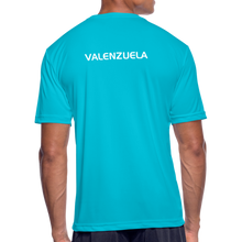 Load image into Gallery viewer, GRÜVN Men’s Moisture Wicking Performance T-Shirt - Valenzuela on back - Orange Smile (5 Colors) - turquoise
