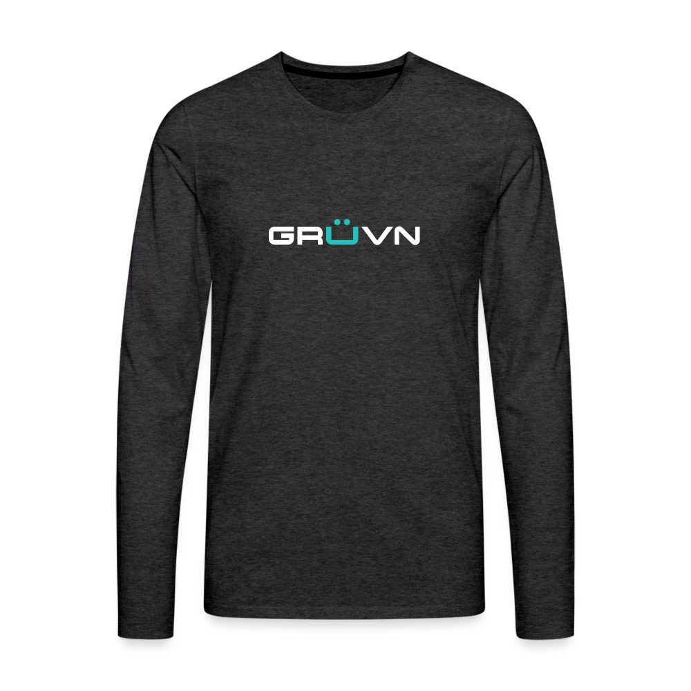 GRÜVN Men's Premium Long Sleeve T-Shirt - White & Blue Logo - BIG RON on back  (4 Colors) - charcoal grey