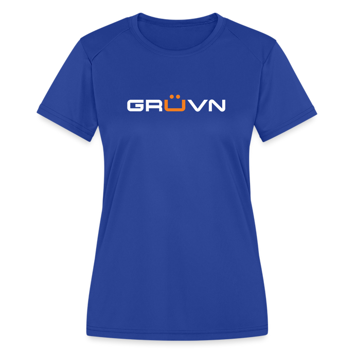 GRÜVN Women's Moisture Wicking Performance T-Shirt - White & Orange Logo (4 Colors) - royal blue