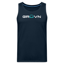 Load image into Gallery viewer, GRÜVN Men’s Premium Tank White &amp; Blue logo with &quot;Ohh Yeahh!!&quot; on back (5 Colors) - deep navy
