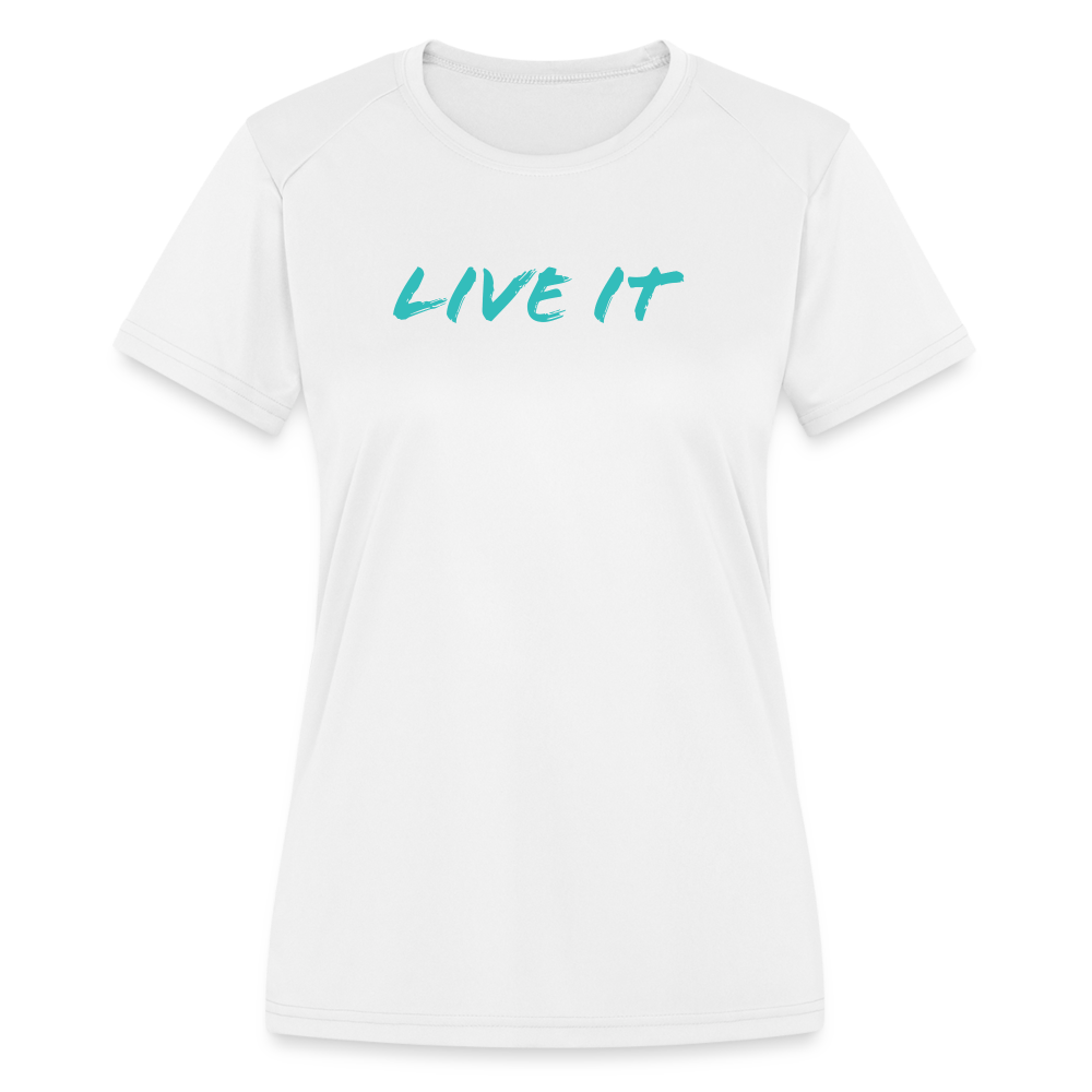 LIVE IT Women's Moisture Wicking Performance T-Shirt (GRUVN on back) - Blue Logo (4 Colors) - white