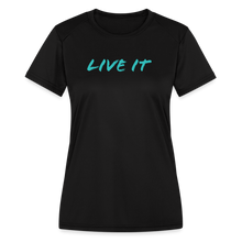 Load image into Gallery viewer, LIVE IT Women&#39;s Moisture Wicking Performance T-Shirt (GRUVN on back) - Blue Logo (4 Colors) - black
