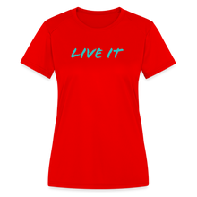 Load image into Gallery viewer, LIVE IT Women&#39;s Moisture Wicking Performance T-Shirt (GRUVN on back) - Blue Logo (4 Colors) - red
