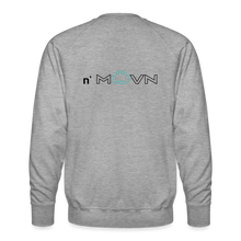 Load image into Gallery viewer, GRÜVN Men’s Premium Sweatshirt - n&#39; MUVN on back - Black &amp; Blue Logo (3 Colors) - heather grey
