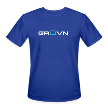 Load image into Gallery viewer, GRÜVN Men’s Moisture Wicking Performance T-Shirt (TEAM GRUVN on back) - White &amp; Blue Logo (5 Colors) - royal blue
