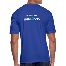 Load image into Gallery viewer, GRÜVN Men’s Moisture Wicking Performance T-Shirt (TEAM GRUVN on back) - White &amp; Blue Logo (5 Colors) - royal blue
