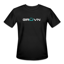 Load image into Gallery viewer, GRÜVN Men’s Moisture Wicking Performance T-Shirt (TEAM GRUVN on back) - White &amp; Blue Logo (5 Colors) - black
