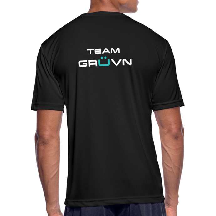 GRÜVN Men’s Moisture Wicking Performance T-Shirt (TEAM GRUVN on back) - White & Blue Logo (5 Colors) - black