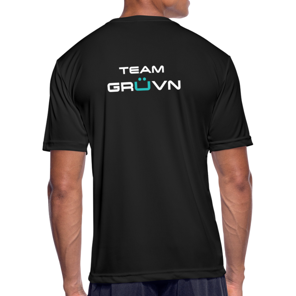 GRÜVN Men’s Moisture Wicking Performance T-Shirt (TEAM GRUVN on back) - White & Blue Logo (5 Colors) - black