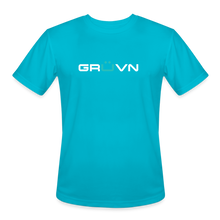 Load image into Gallery viewer, GRÜVN Men’s Moisture Wicking Performance T-Shirt (TEAM GRUVN on back) - White &amp; Blue Logo (5 Colors) - turquoise
