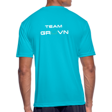 Load image into Gallery viewer, GRÜVN Men’s Moisture Wicking Performance T-Shirt (TEAM GRUVN on back) - White &amp; Blue Logo (5 Colors) - turquoise
