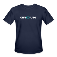 Load image into Gallery viewer, GRÜVN Men’s Moisture Wicking Performance T-Shirt (TEAM GRUVN on back) - White &amp; Blue Logo (5 Colors) - navy
