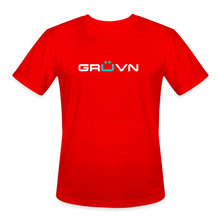 Load image into Gallery viewer, GRÜVN Men’s Moisture Wicking Performance T-Shirt (TEAM GRUVN on back) - White &amp; Blue Logo (5 Colors) - red
