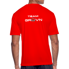 Load image into Gallery viewer, GRÜVN Men’s Moisture Wicking Performance T-Shirt (TEAM GRUVN on back) - White &amp; Blue Logo (5 Colors) - red
