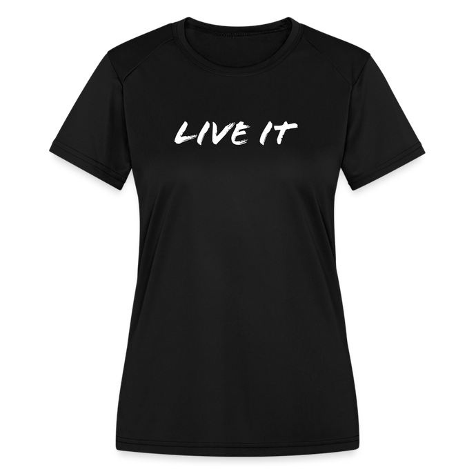 LIVE IT Women's Moisture Wicking Performance T-Shirt (GRUVN on back) - White Logo (4 Colors) - black