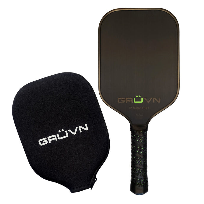 GRUVN RAW-13H raw carbon fiber pickleball paddle 13mm core green stealth design