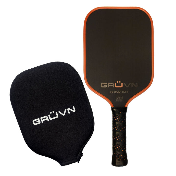 Carbon Fiber Pickleball Paddle Elongated GRUVN RAW-16H orange edge guard with cover