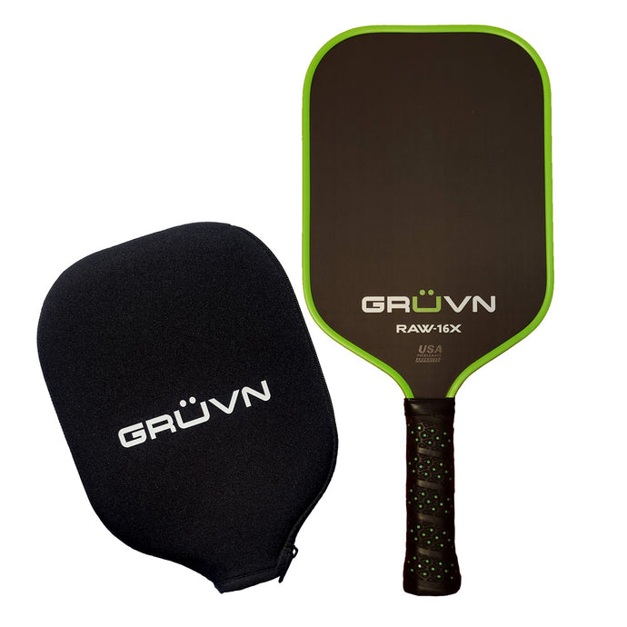 Carbon Fiber Pickleball Paddle GRUVN RAW-16X 16mm core green edge guard with cover