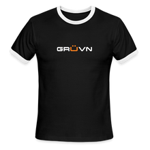 Load image into Gallery viewer, GRÜVN Men&#39;s Ringer T-Shirt (MENDOZA on back) - White &amp; Orange Logo - black/white

