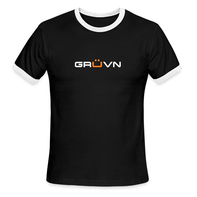 GRÜVN Men's Ringer T-Shirt (MENDOZA on back) - White & Orange Logo - black/white