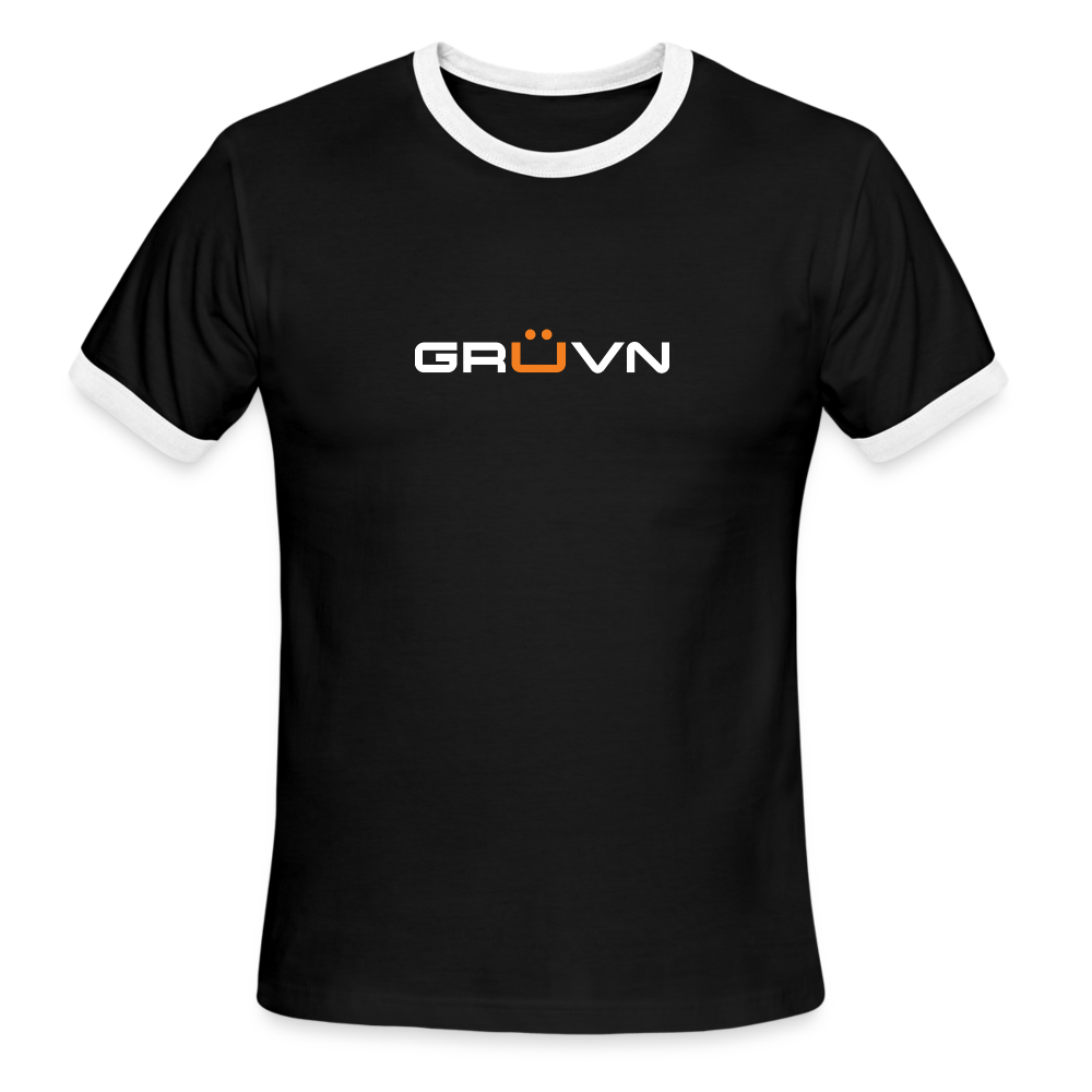 GRÜVN Men's Ringer T-Shirt (MENDOZA on back) - White & Orange Logo - black/white