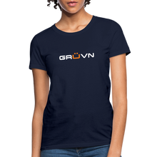 Load image into Gallery viewer, GRÜVN Women&#39;s T-Shirt - White &amp; Orange - navy
