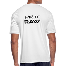 Load image into Gallery viewer, GRÜVN - LIVE IT RAW (on back) Men’s Moisture Wicking Performance T-Shirt - Black &amp; Blue Logo (5 Colors) - white
