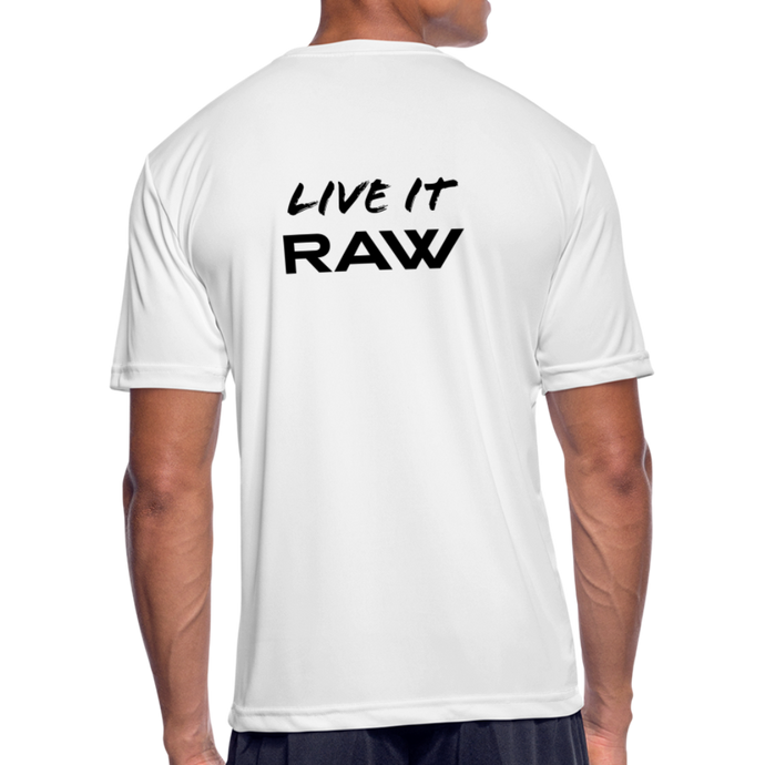 GRÜVN - LIVE IT RAW (on back) Men’s Moisture Wicking Performance T-Shirt - Black & Blue Logo (5 Colors) - white