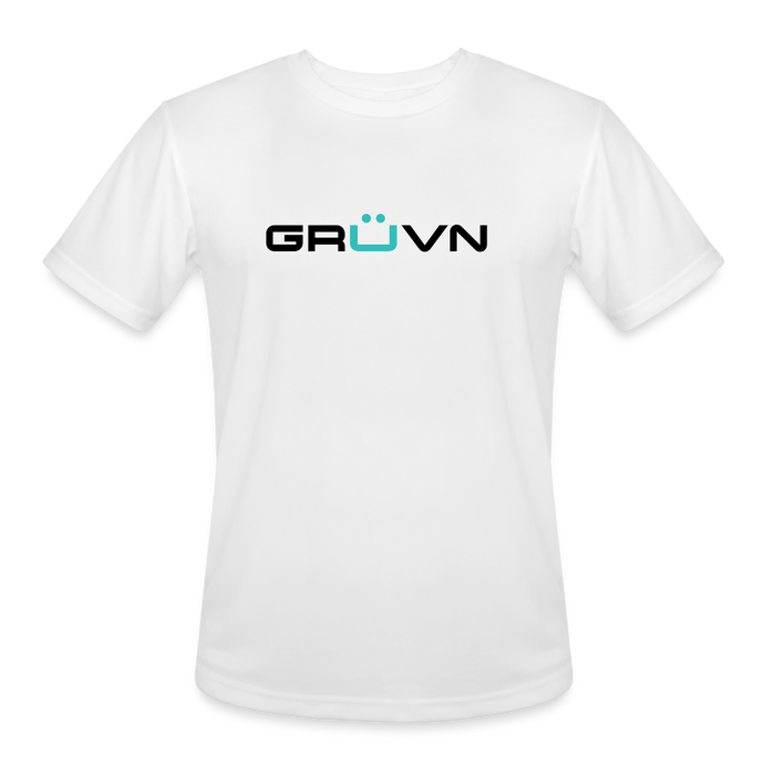 GRÜVN Men’s Moisture Wicking Performance T-Shirt (TEAM GRUVN on back) - Black & Blue logo - white