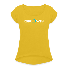 Load image into Gallery viewer, GRÜVN Women&#39;s Roll Cuff T-Shirt - Blue Logo (6 Colors) - mustard yellow
